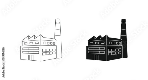 A pair of industrial factory buildings are depicted in contrasting black and white line art silhouette high quality professional