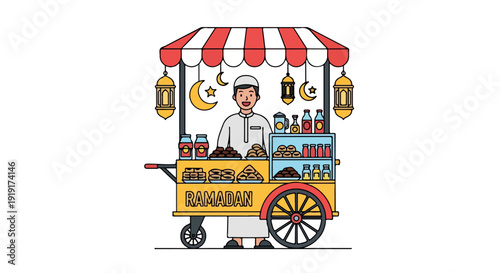 Flat illustration of a vendor standing behind a colorful food cart with a striped canopy, lanterns, and various drinks and snacks on display against a clean white background.