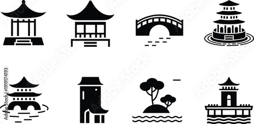 Asian pagoda and pavilion icon set, traditional Chinese Japanese architecture, bridge, temple, landscape black silhouette vector collection