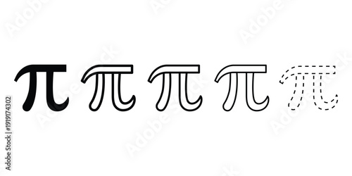 Progressive sequence of the mathematical Pi symbol transitioning from a solid black icon to a dotted outline for educational tracing.