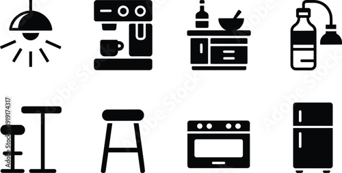 Kitchen and home appliance icon set, coffee machine, cabinet, lamp, oven, refrigerator, stool black silhouette vector collection