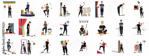 Collection of diverse characters engaged in various performing arts and creative production roles, illustrating theater, film, and artistic behind-the-scenes activities with stage props and tools.