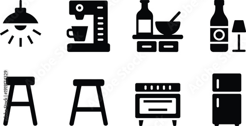 Kitchen appliance and furniture icon set, coffee maker, cabinet, lamp, oven, refrigerator black silhouette vector collection