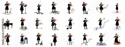 Diverse female violinists illustrate the joy and dedication of music, featuring various poses and musical elements.