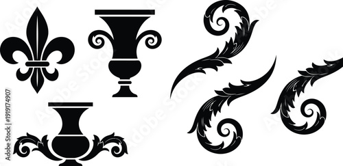 Set of ornamental black silhouettes with floral patterns and vases
