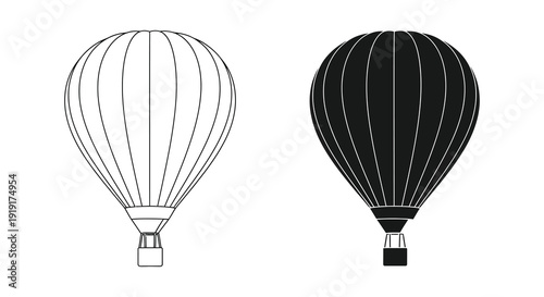 Two hot air balloons are depicted in contrasting black and white showcasing a graphic design silhouette high quality professional