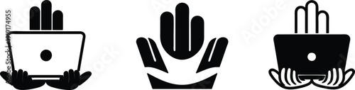 Blackandwhite illustrations of hands holding laptops and palms  business icons