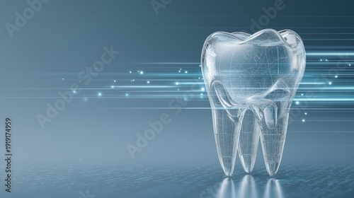Transparent tooth model shows visible crack with digital light streaks. Dental technology and restoration concept for implant and repair services. Blue gradient background supports medical innovation 