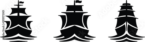 Three black silhouettes of old sailing ships on water  isolated on transparent background