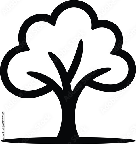 A black and white line of a tree with a cloud-like canopy and simple trunk and branches line cloud-like