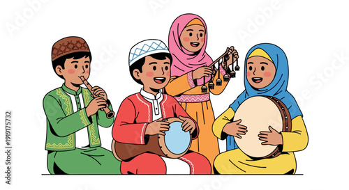 Four diverse children playing musical instruments together against a clean white background with a joyful and colorful mood.