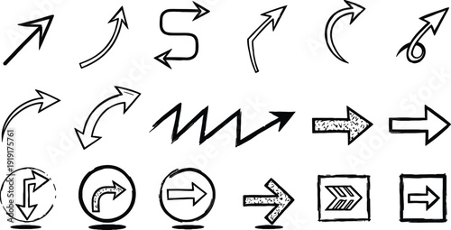 Various hand drawn arrows on white background