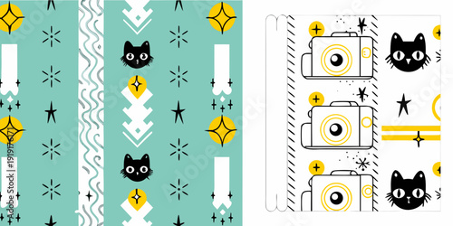 Whimsical pattern featuring cats cameras and geometric shapes in teal and black
