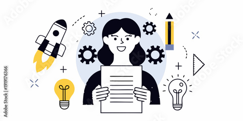 Woman with ideas innovation creativity and problem solving concepts illustrated