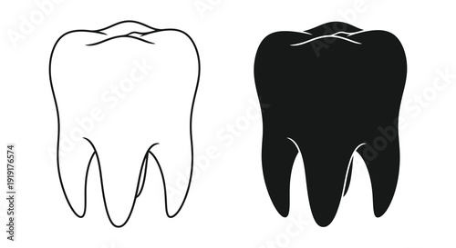 A pair of molar teeth are displayed one white and one black showcasing contrasting dental imagery as a silhouette