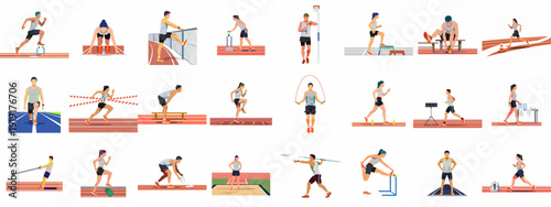 Dynamic illustrations of track and field athletes in action, covering training, competition, and preparation for running, jumping, and throwing events.