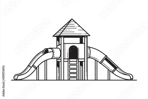 Playground slide structure with towers and stairs, a fun outdoor recreation and childhood activity.
