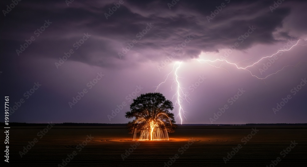 Fototapeta premium Powerful lightning bolt hitting ground under dark storm clouds, energy concept