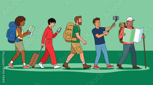 Group of diverse young travelers and backpackers walking together, using maps and phones for navigation, flat vector illustration