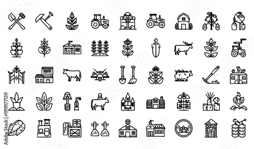 Agriculture and Farming Black Outline Icons Editable Vector Set for Presentations and UI
