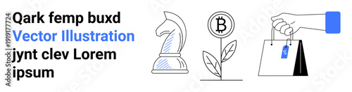 Digital investment, blockchain technology, online shopping, business growth, retail, and financial planning. Chess knight, plant with Bitcoin symbol hand holding shopping bags. Digital investment