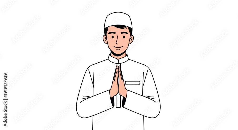 Fototapeta premium Illustration of a smiling man in a white outfit and cap with hands clasped together in a prayer-like gesture against a plain white background.