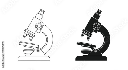 Two detailed line art renderings of a microscope one light and one dark showcase scientific instrumentation silhouette high quality