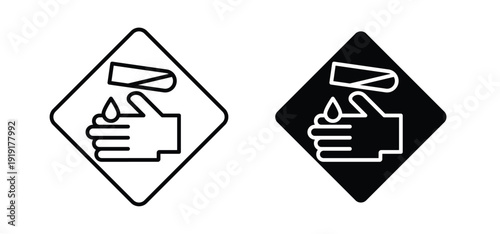 Corrosive acid safety signs. black and white line icons pack.