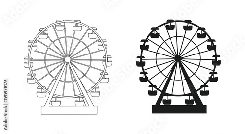 Two ferris wheel depictions are shown one line drawing and one black solid shape silhouette high quality professional detailed