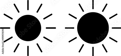Pair of identical black sun icons with radiating rays