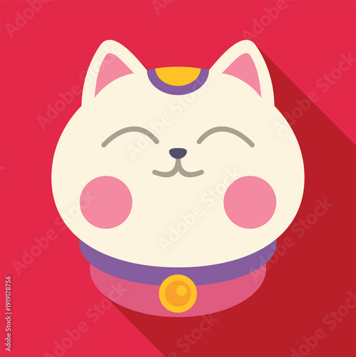 Maneki neko, a japanese lucky cat, smiling on a red background