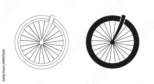 Two depictions of bicycle wheels are presented one outlined and the other as a dark silhouette high quality professional