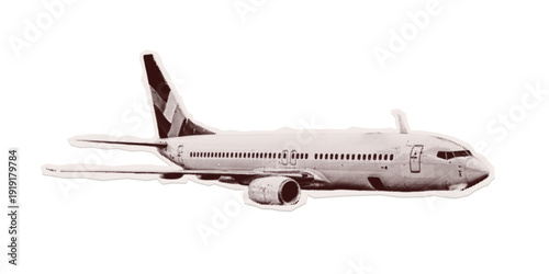 Trendy Sticker Plane retro style on transparent background. Isolated vector element with dotted halftone texture, mimicking cut-out collage from old newspaper. Nostalgic Vintage Pop Art aesthetic.