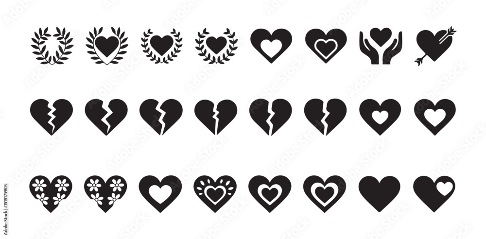 Εκτύπωση καμβά Solid black heart icons featuring laurel wreaths broken shapes and floral patter
