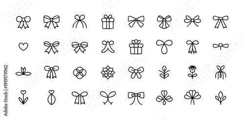 Minimalist bow and gift icon set with various ribbon designs for holidays and celebration projects