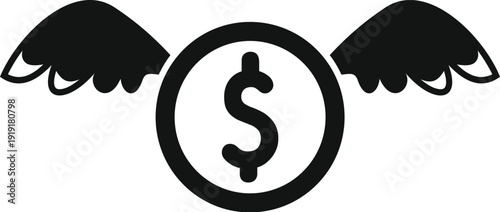 Dollar coin with wings representing money flying away, loss, financial spending, expenses