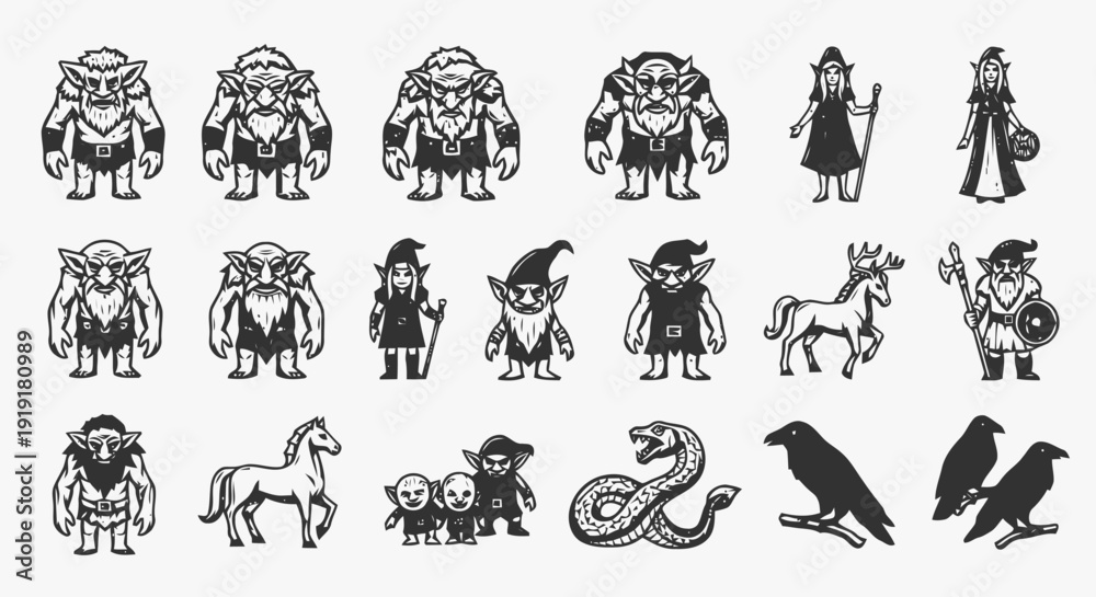 Fototapeta premium Fantasy Characters and Creatures in Black White.