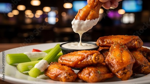 Close-up of buffalo wings on a plate, being dipped in ranch sauce with celery sticks, blurred restaurant background