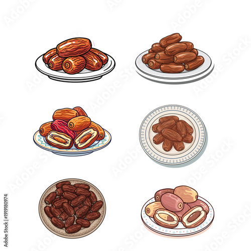 Collection of delicious dates on plates, showcasing their rich brown color and natural sweetness for healthy eating