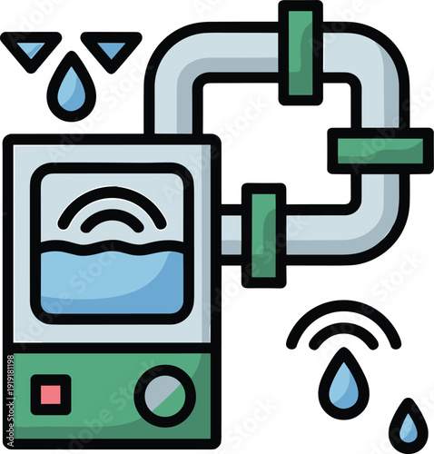 Green and blue water heater with pipes and water droplets