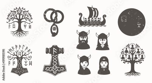 Norse Mythology Symbols and Gods Emblems Set.