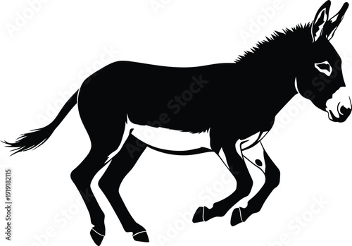 An energetic silhouette of a donkey in full stride, running and galloping, a clean white background