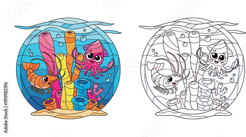 Cute cartoon shrimp and pink squid swimming in a colorful coral reef fishbowl, underwater ocean life vector illustration