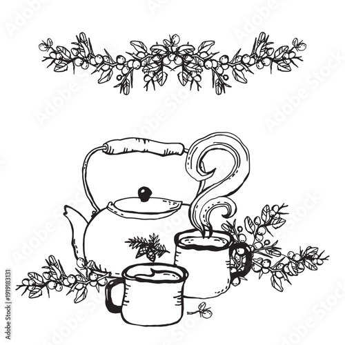 Blackthorn tea in mugs and teapot