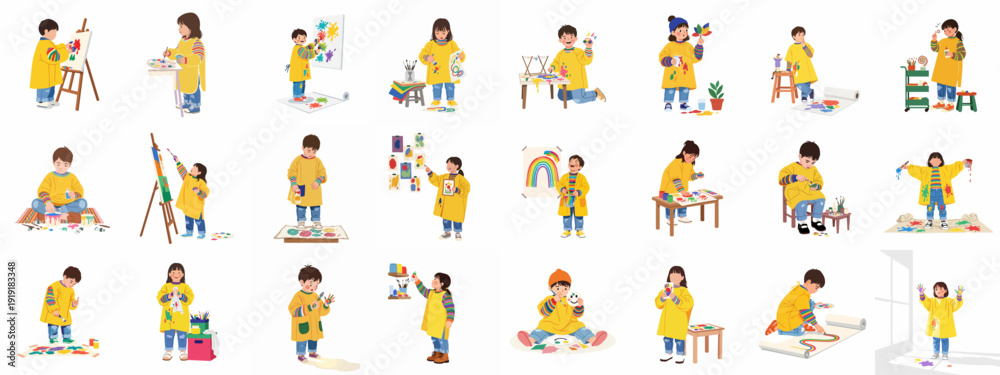 Εκτύπωση καμβά Joyful Kids Expressing Creativity Through Art: A Collection of Illustrations Featuring Painting, Finger Painting, and Craft Projects