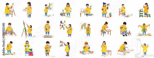 Joyful Kids Expressing Creativity Through Art: A Collection of Illustrations Featuring Painting, Finger Painting, and Craft Projects.