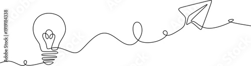 Continuous line drawing of light bulb transforming into a paper plane, concept of creative idea and business innovation.