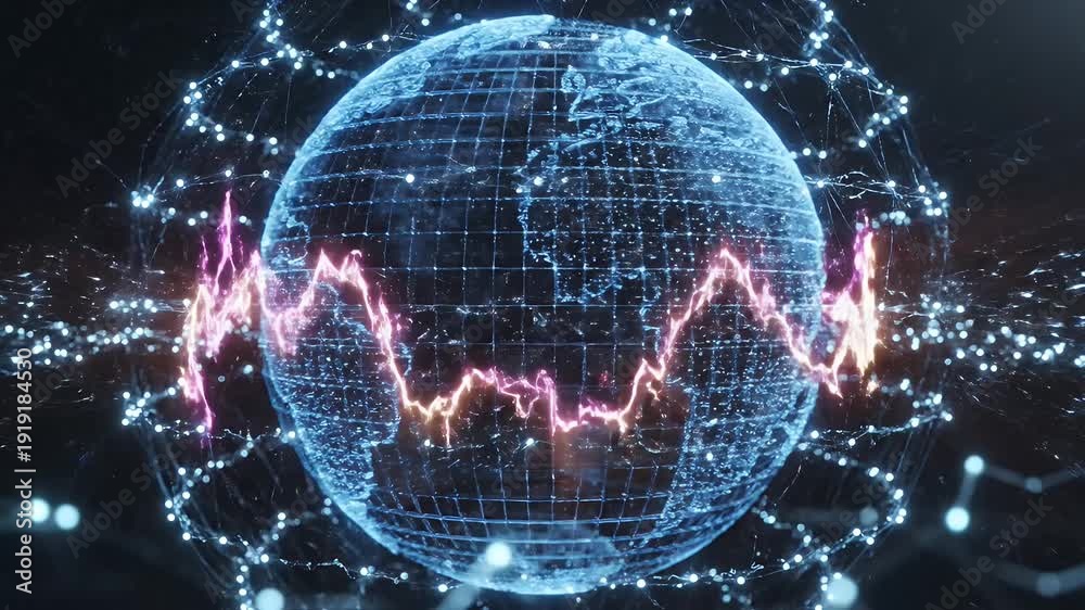Digital Sphere with Energy Wave - An abstract digital sphere is shown with network connections surrounding it and a pulsating energy wave intersecting the sphere's core.