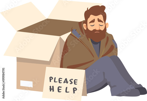 Homeless man sitting with help sign near cardboard box.