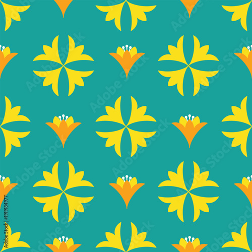 Bold Teal and Yellow Geometric Floral Motif Background